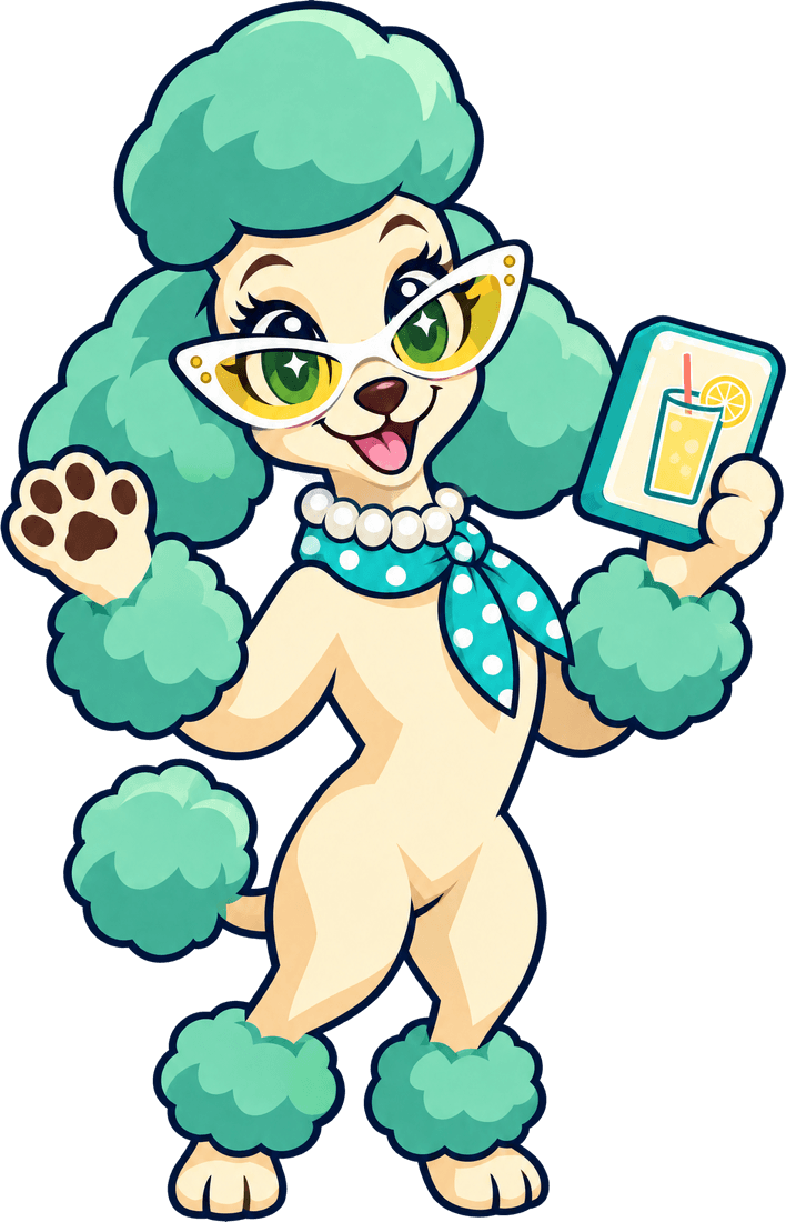 Coco, the Cabanza poodle, in cat-eye sunglasses, holding up a lemonade tile