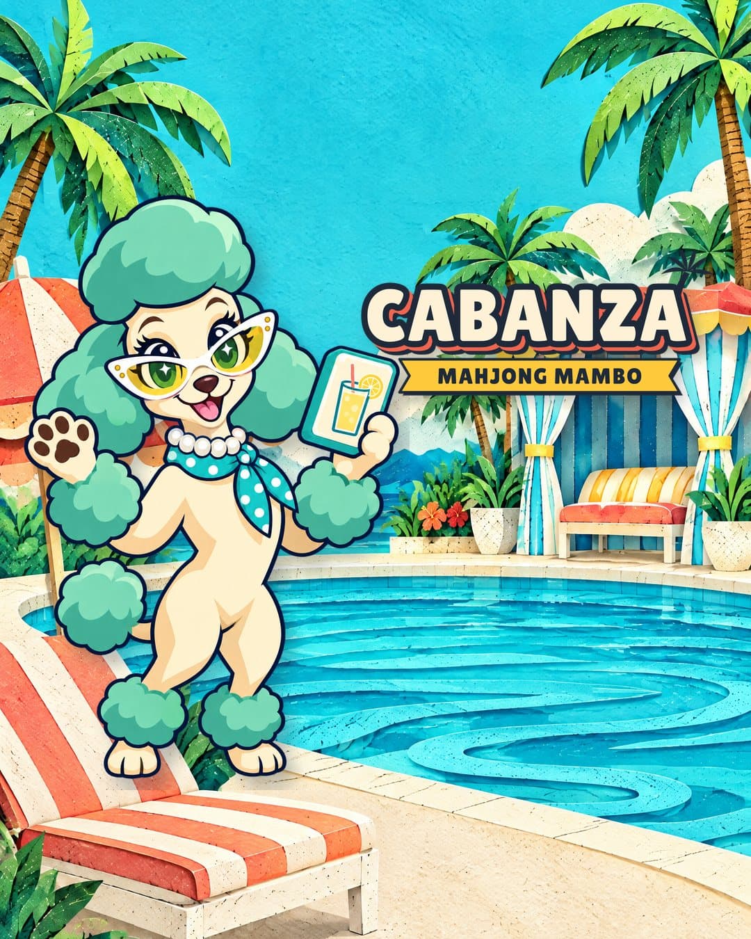 Cabanza key art: Coco the poodle in cat-eye sunglasses holding a lemonade tile, beside the Cabanza Mahjong Mambo lockup, at a cut-paper poolside