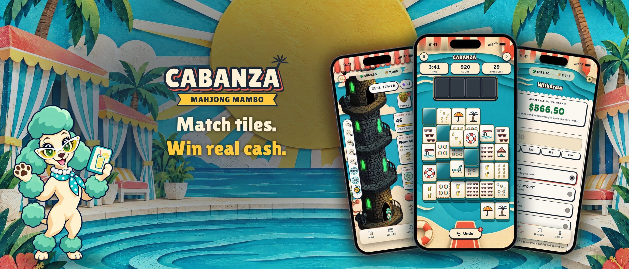 Cabanza: Coco the poodle beside the Cabanza Mahjong Mambo lockup and the line Match tiles. Win real cash., with three phones showing the Deku Tower, a Cabanza board and the withdraw screen, on a cut-paper poolside
