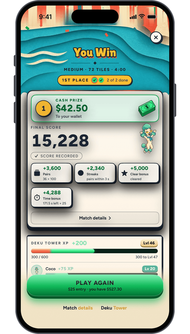 A finished Cabanza tournament: You Win, first place, with the cash prize paid to the wallet