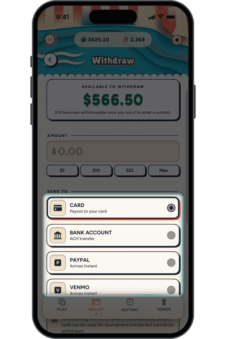 The Cabanza withdraw screen: card, bank account, PayPal and Venmo payouts